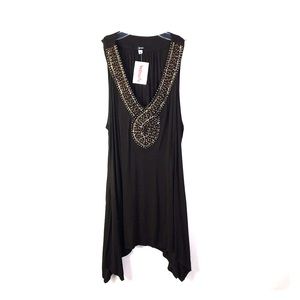 S Point Knit Tunic Beaded V-Neck Asymmetrical Women's Small Brown *Q